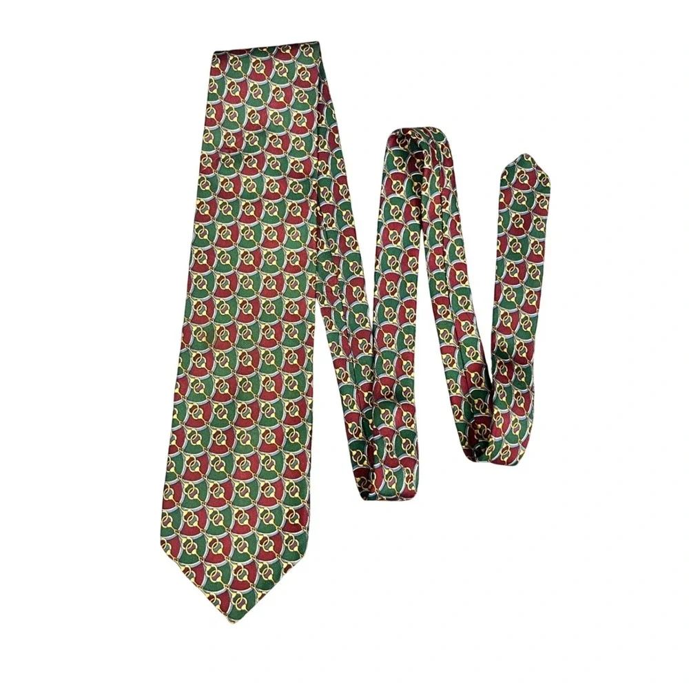 Hatfield House Mens Silk Tie Green Burgundy Horsebit Geometric Italian Fabric